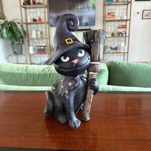 Cute Halloween Decor Smiling Black Cat in Wizard's‎ Cape, Hat & Broom